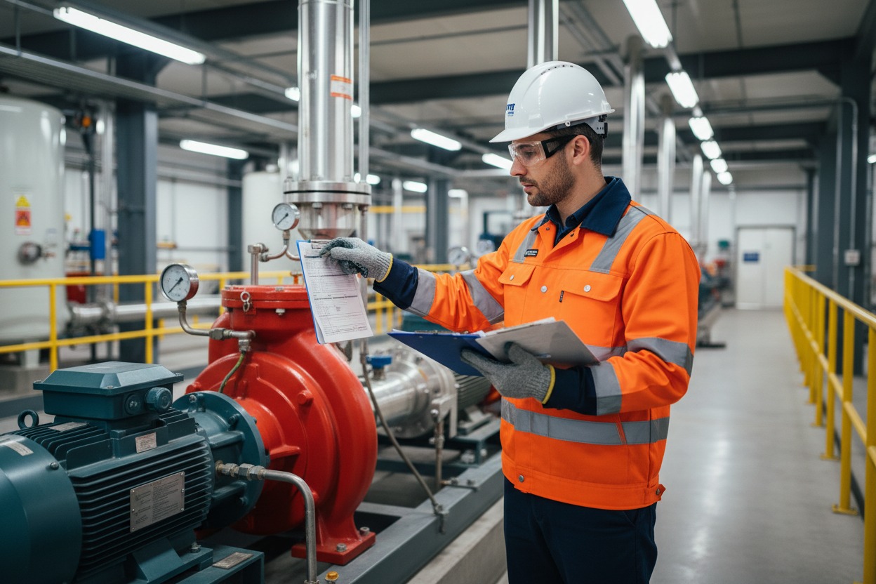 A technician in a hard hat and high-visibility jacket inspects industrial machinery while reviewing a clipboard in a factory.