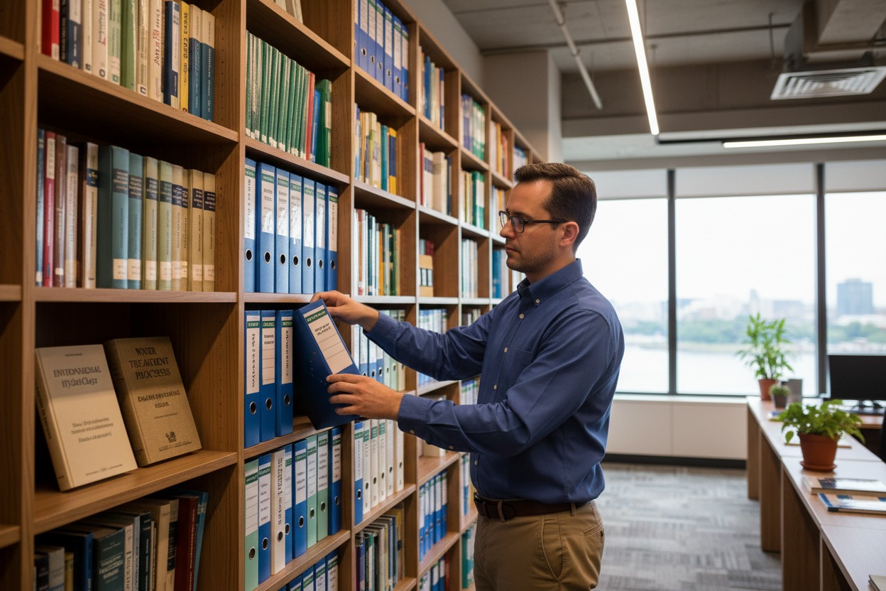 A man in a blue button-down shirt selects a blue binder from a tall wooden bookshelf in a modern office.
