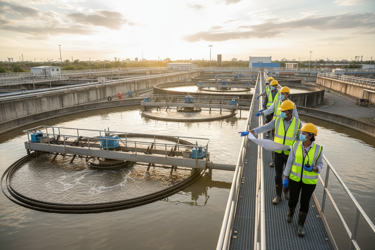 Engineers in hard hats and safety vests walk along a walkway at a water treatment plant while reviewing blueprints.