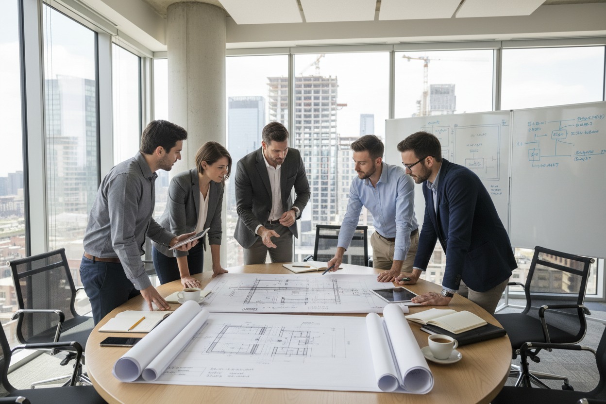 A diverse team of professionals in business attire collaborates around a circular table covered in architectural blueprints in a modern office with city views. ensure the people are of different races.